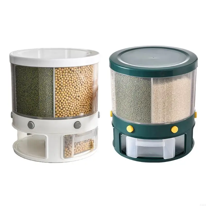 F68D 10Kg Kitchen Storage Container Rotating Cans for Bulk Cereals Grain Box 6-Grid Rice Bucket