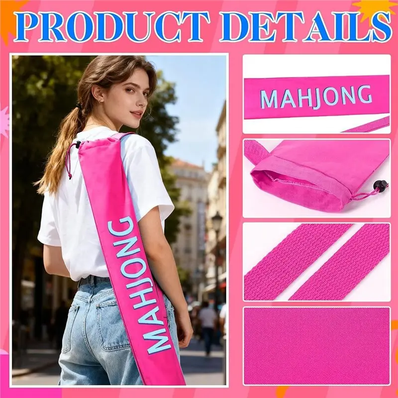 Cute Canvas Mahjong Mat Bag 34 Inch Long With Double Straps, Portable Travel Storage Tube Drawstring Holder