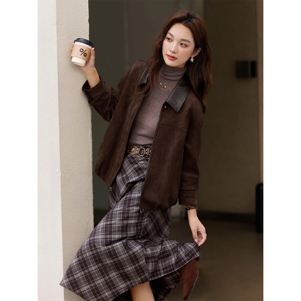 VIMLY 빈티지 여성 재킷 2025 브라운 플리스 안감 스플라이싱 가죽 칼라 코트 두꺼운 따뜻한 여성 겨울 의류 A3529