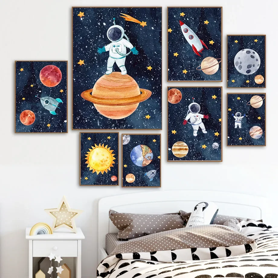 

Space Planet Rocket Astronaut Star Sun Moon Wall Art Canvas Painting Nordic Poster And Prints Wall Pictures Baby Kids Room Decor