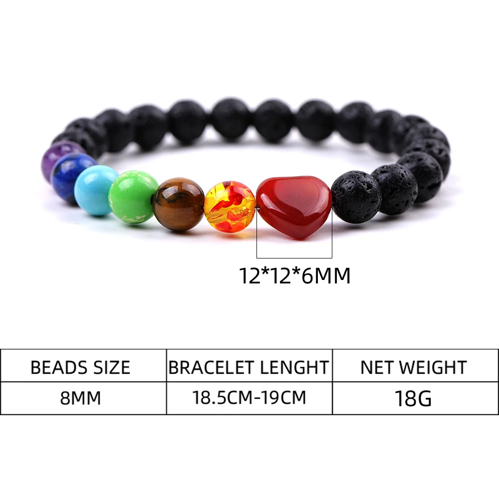 Healing Chakra Bracelets for Women 8MM Lava Stone and 12MM Heart Protection Release Anixiety Bring Lucky Love