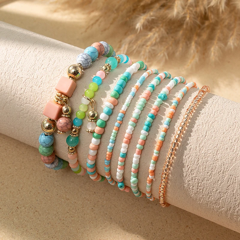 Bohemian Stackable Bead Bracelets For Women Stretch Multilayered Bracelet Set Niche Color Clash Stacked Bracelet Set