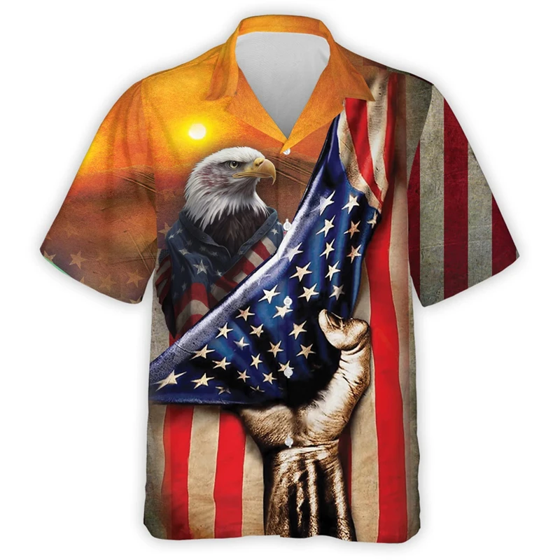 2024 American Independence Day 3D Print Shirts For Men Clothes Happy July Fourth Women Blouses USA Eagle Patriotic Lapel Blouse