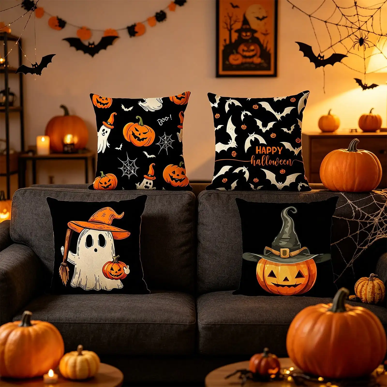 4 Pcs Halloween Throw Pillow Covers,18x18 Inch Pumpkin Ghost Bat Spider Web Decorative Square Cushion Cases,Soft Linen Holiday