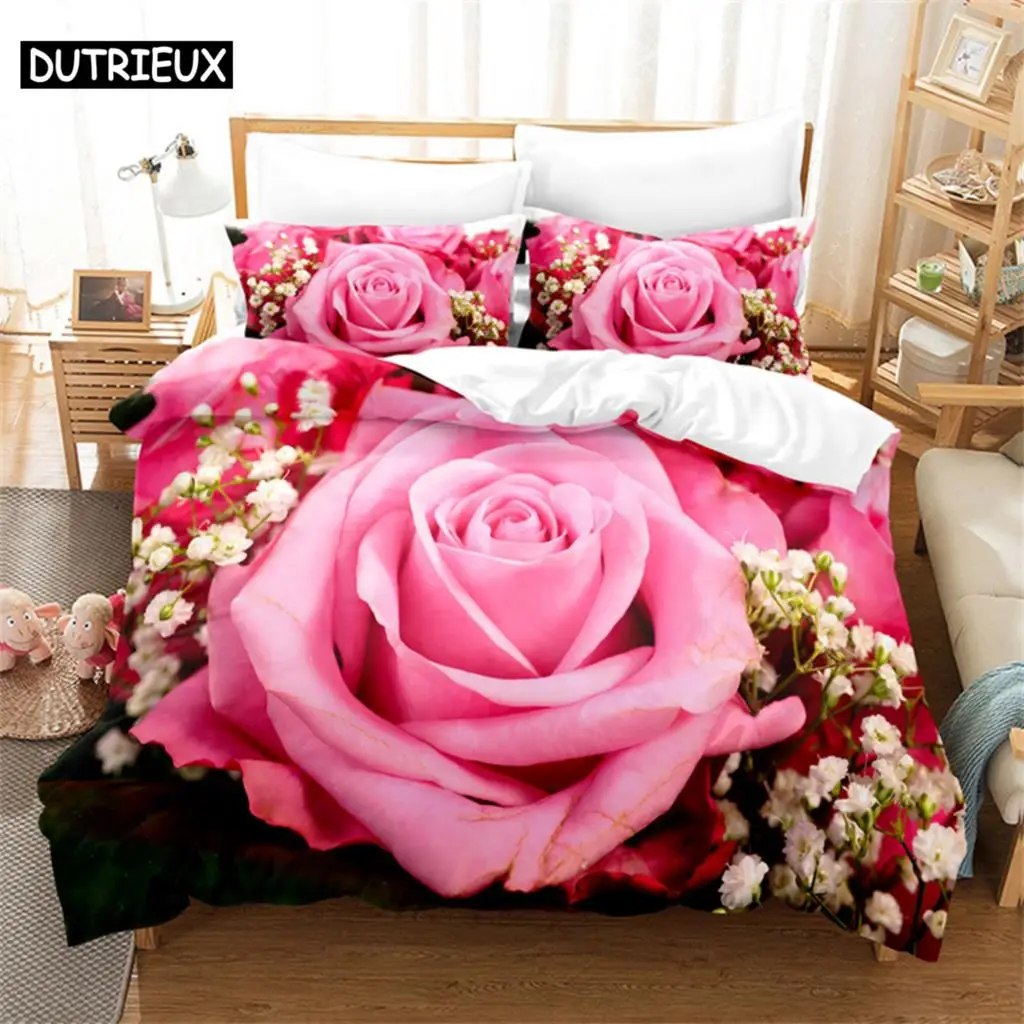 Pink Rose Queen Bedding Set Duvet Cover Set Bedding Comforter Bedding Sets Bed Linen King Size Duvet Cover Bedding Set