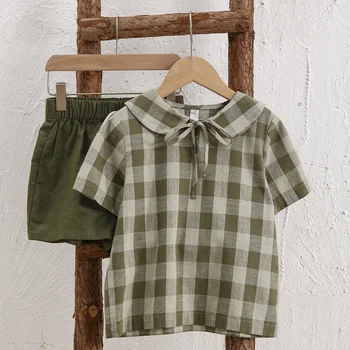 Camisa a cuadros verde de lino y algodón Retro para niñas, camisetas de manga corta con cuello de muñeca anudado, estilo universitario japonés, verano, nuevo