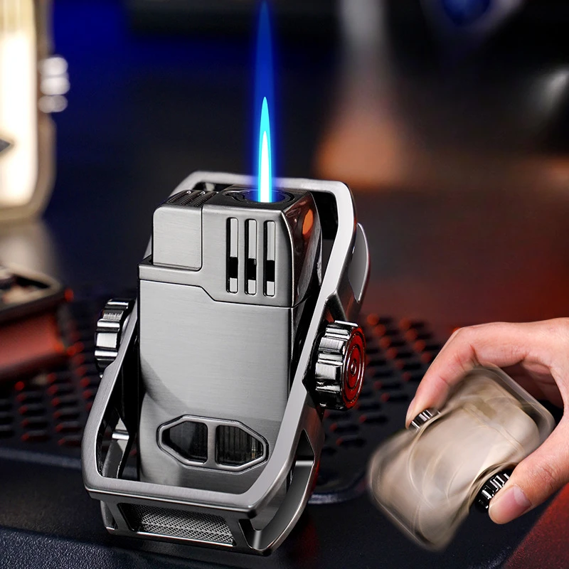 Hot Sales Fingertip Gyro Decompression Lighter Windproof Blue Flame Visible Gas Window Bottom Cigar Cutter Design Cigar Rest