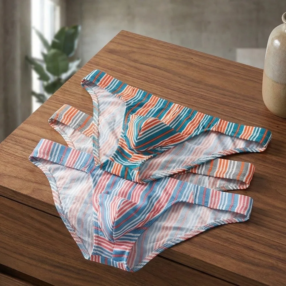 

Soft Lingerie Men's Triangle Panties Breathable Large Size Striped Briefs Mid Waist Men Thin Briefs Four Seasons
