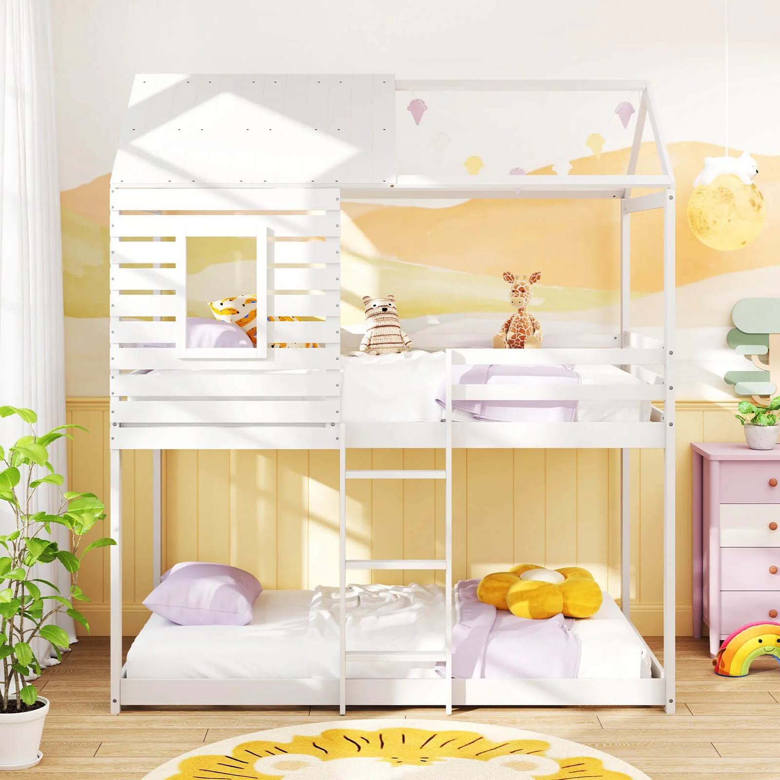 سرير مزدوج فوق Twin House بطابقين، إطار سرير منخفض إلى الأرض مع سرير من الخشب الصلب