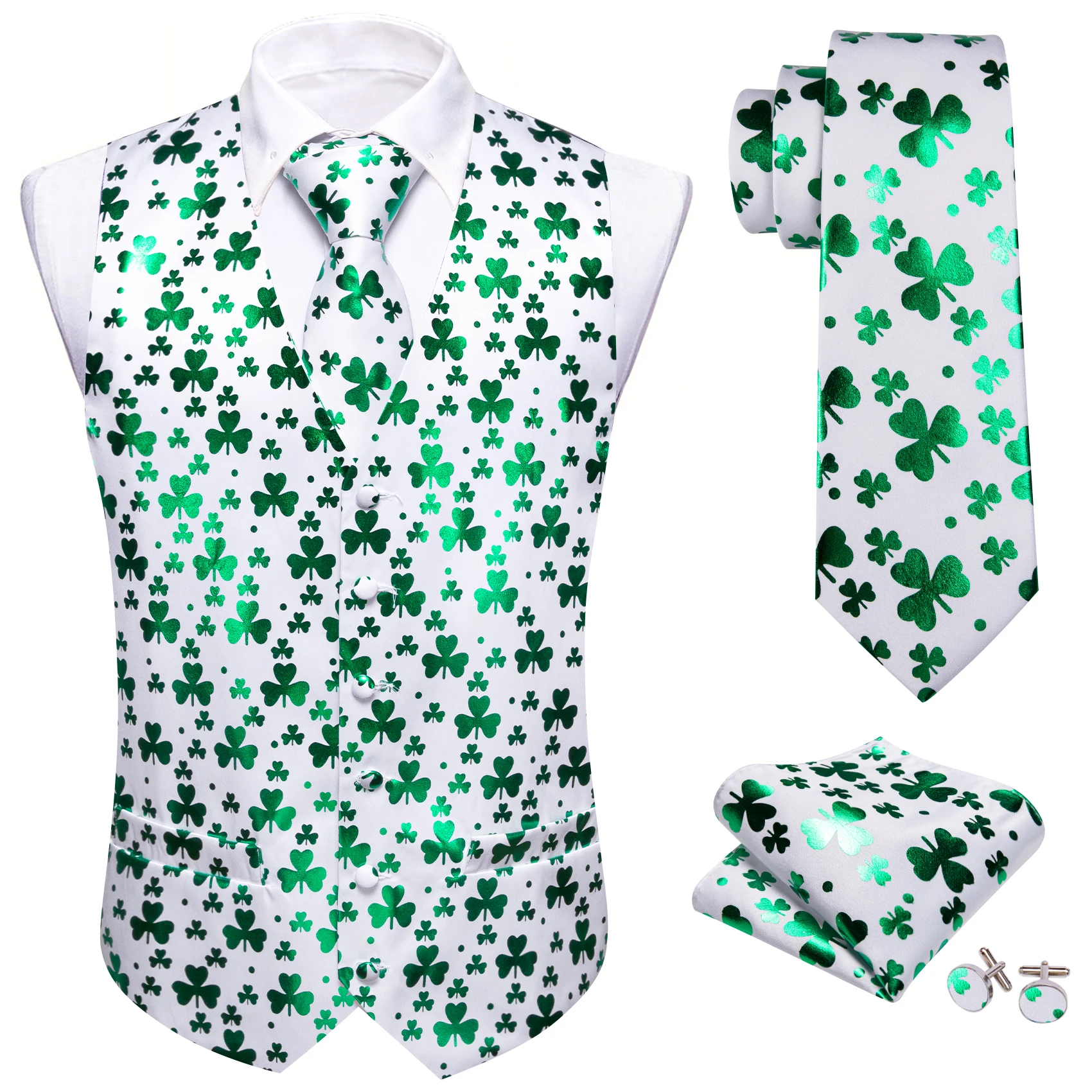 30 Colors Designer Silk Green Vest for Men Clover Paisley Plaid V Neck Waistcoat Tie Set Wedding St.Patrick\'s Day Barry Wang