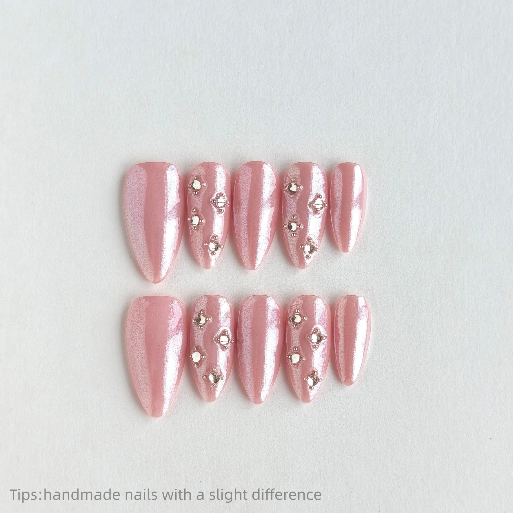 

10pcs Handmade Pink Rhinestone Press on Nails Almond Long Wearable Reusable Sweet Elegant False Nails 2026