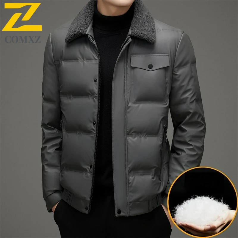 

COMXZ Mens Short Down Jacket Fashion Detachable Fur Collar Travel Lightweight Leather Parka Leisure Office Windproof Winter Coat