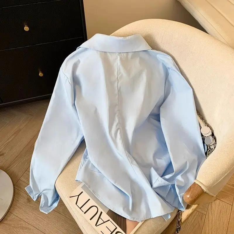 HKSH Spring Autumn New Women Shirt Long Sleeve Turn-down Collar Irregular Waist Cinching Solid Color Elegant Tide Blouse HK17221