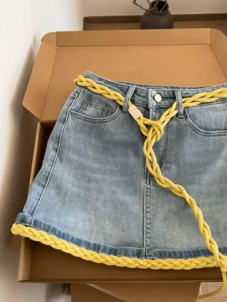 한국 스타일 틈새 대비 컬러 데님 짧은 치마 세련된 다목적 하이 웨이스트 a 라인 스커트 여름 새 여성 의류