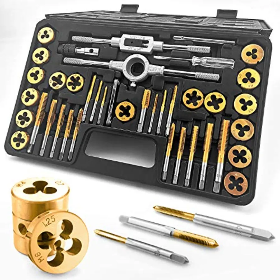 

Azuno Tap and Die Set, Titanium Coated GCr15 Bearing Steel with T-Handle/Wrench/Gauge/Screwdriver in Storage Case, Essential Th