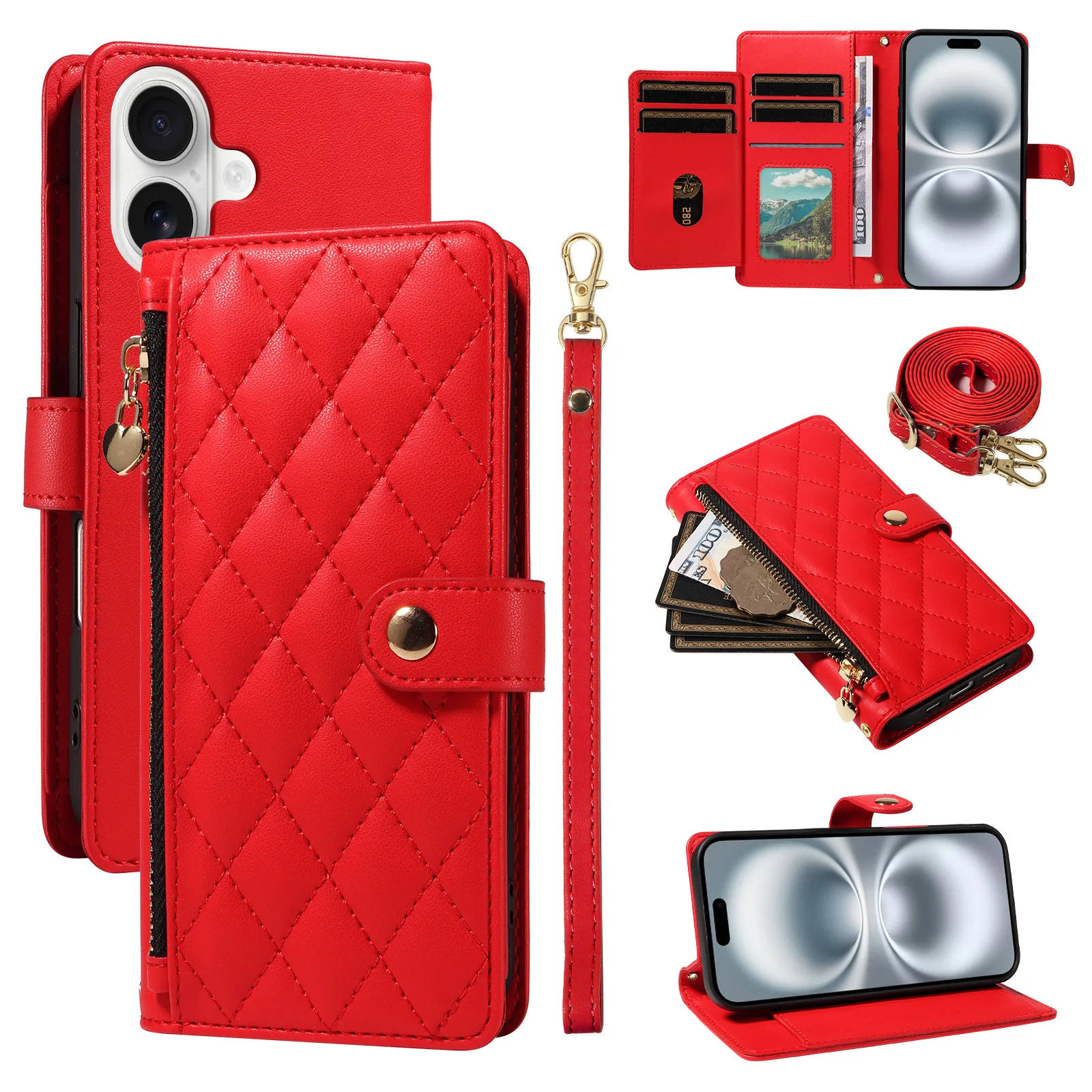 Diamond Leather Zipper Wallet Case For Xiaomi Mi15 Mi14T Mi14 Ultra Mi13T Mi12T Mi11T Multi 5 Cards Lanyard Wrist Flip Cover