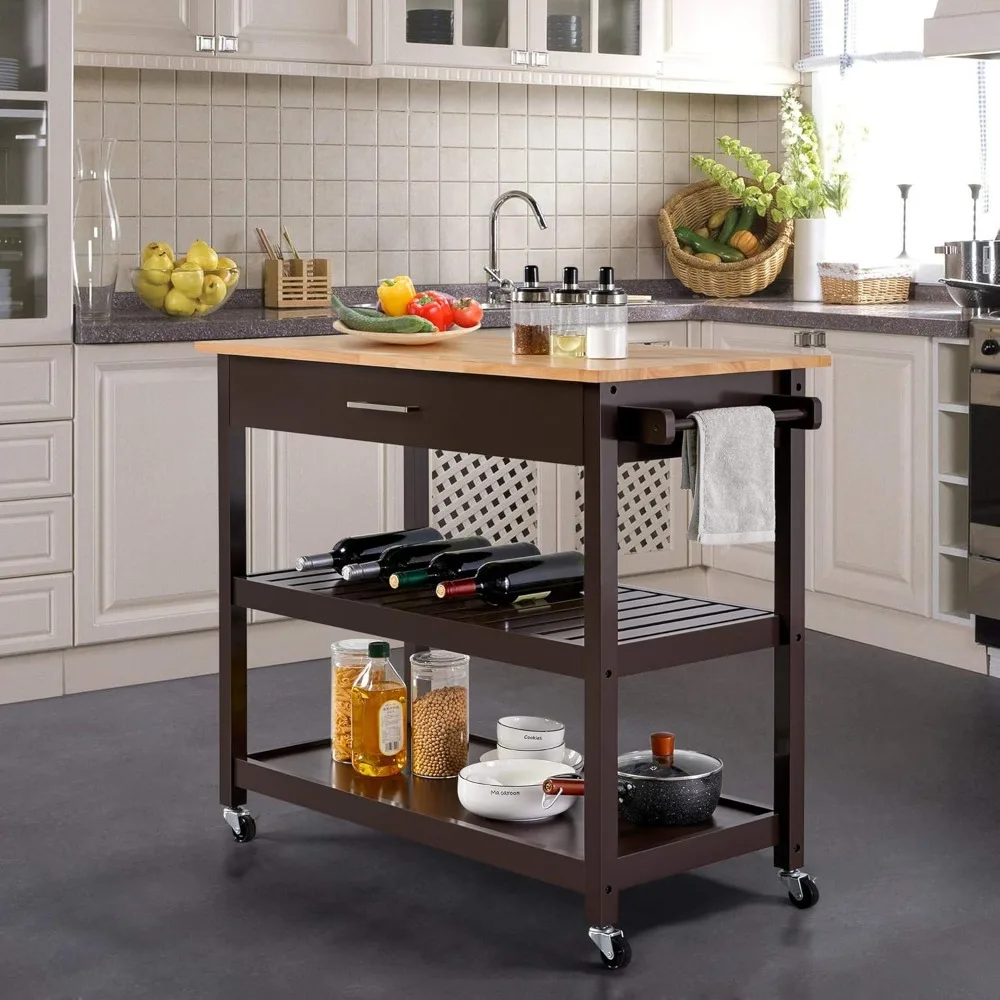 

3-Tier Rolling Kitchen Cart Microwave Oven Cart Serving Trolley with Drawer and Wine Storage Shelf, 20" D x 40" W, Espresso