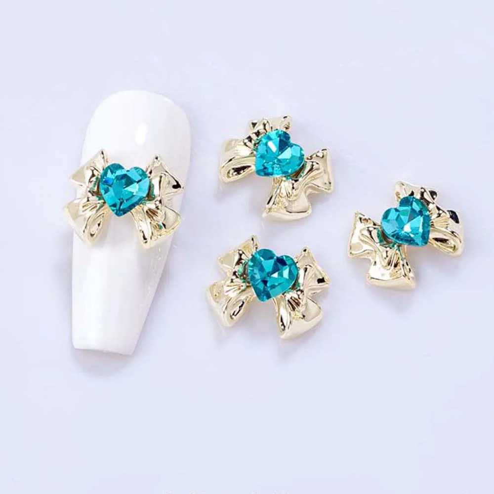 10Pcs Ribbon Alloy Bowknot Nail Art Charms 3D Shiny Alloy Heart Crystal Rhinestone Bow Nail Decoration Sweet DIY Nail Accessorie