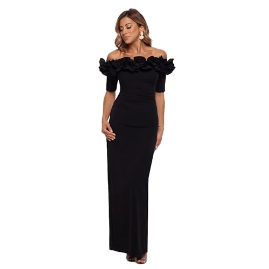 Women's Long Off The Shoulder Scuba Crepe Dress Reg and Petite