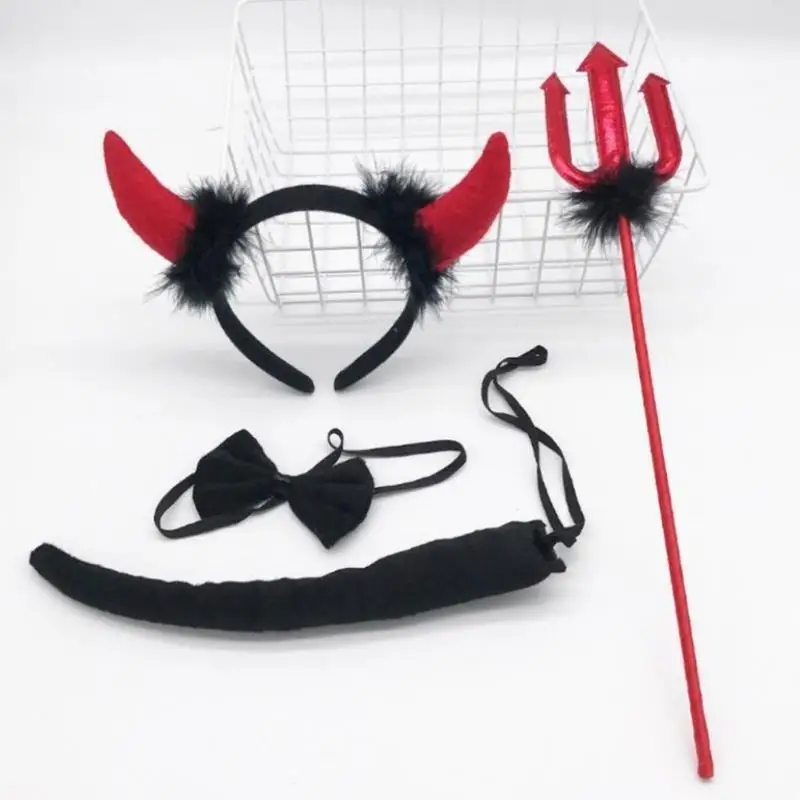 

39BB Funny Devil Ears Headband Bows Pitchforks Tail Halloween Cosplay Demons Costumes