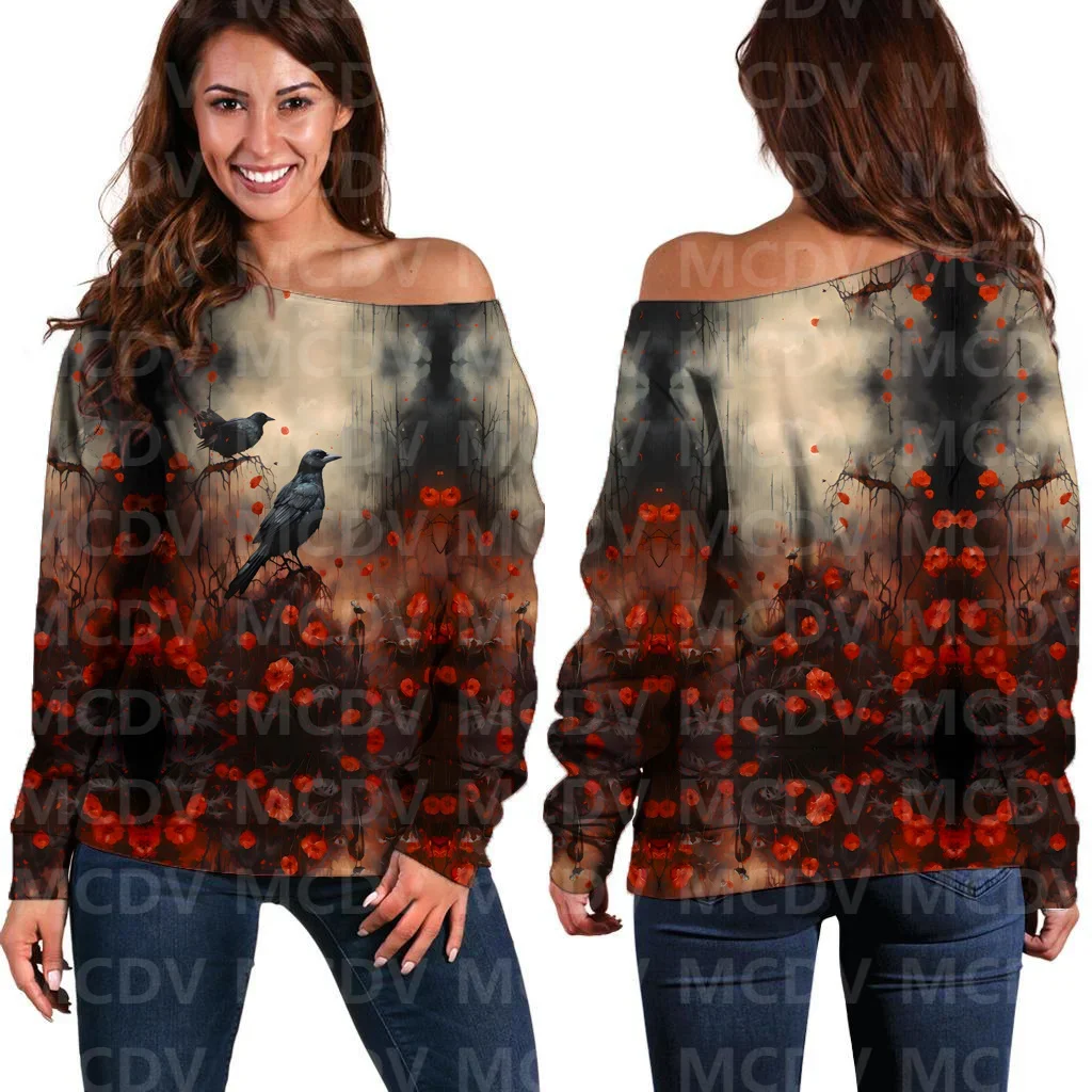 Women's Off Shoulder Sweater Halloween Crow 3D Printed Women Casual Long Sleeve Sweater Pullover