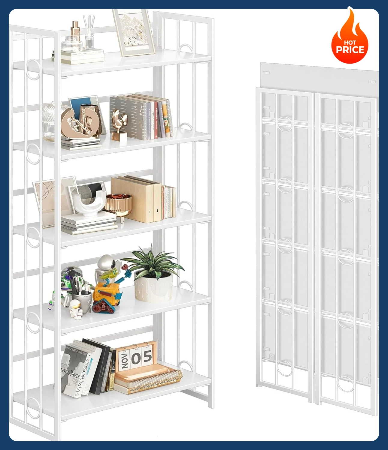 [وصول جديد! ]رف كتب قابل للطي مكون من 5 طبقات بدون تجميع، أرفف تخزين قابلة للطي مقاس 59.4 بوصة ارتفاعًا، خزانة كتب عتيقة، رفوف قائمة للدراسة Orga