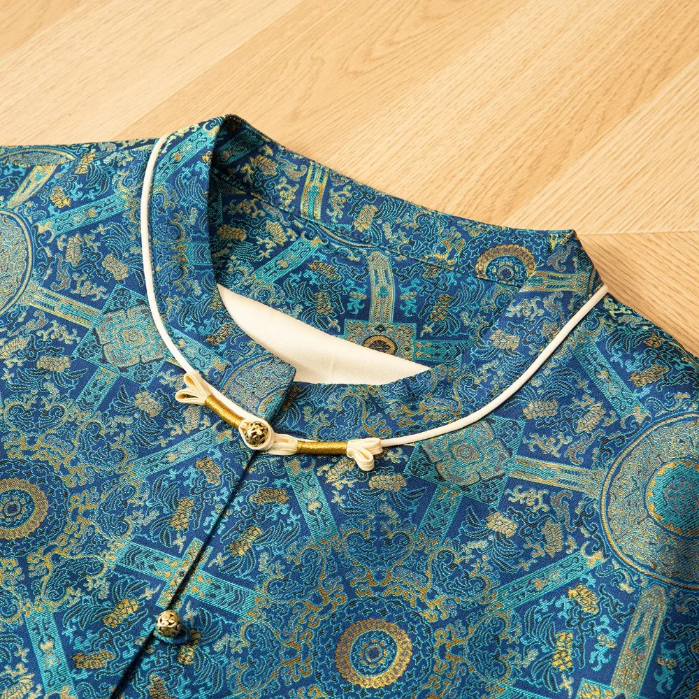 2025 Women's Fashion Clothing Blue Printed Natural Mulberry Silk Song Brocade Round Neck Long Sleeve New Chinese Style Coat