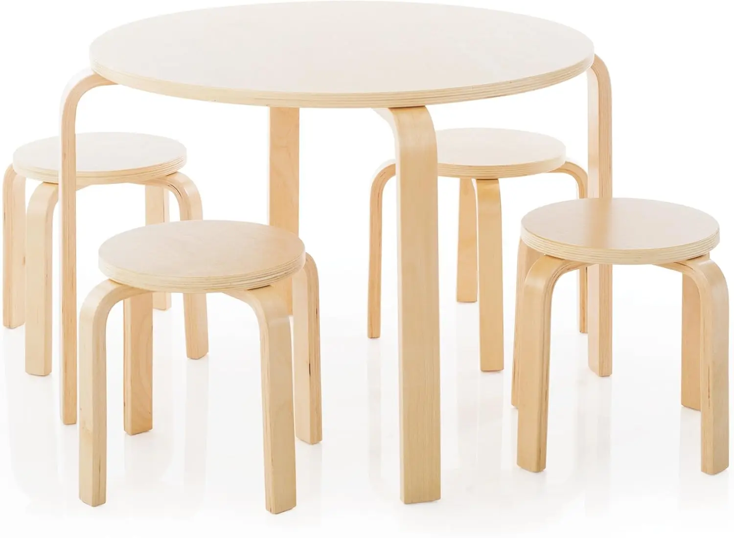 Nordic Table andChairs Set for Kids: Natural - 4 Stacking Stools with Curved Wood Activity Table - Children