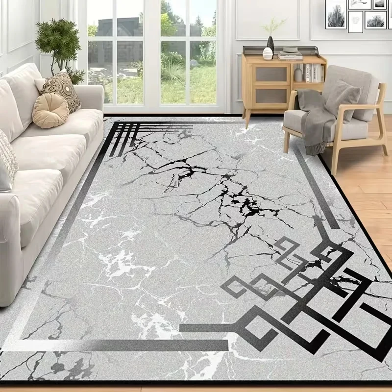 VIKAMA Luxury Marble Texture Geometric Area Rug Grey Black White Non-Slip Washable Soft Floor Carpet for Living Room Bedroom