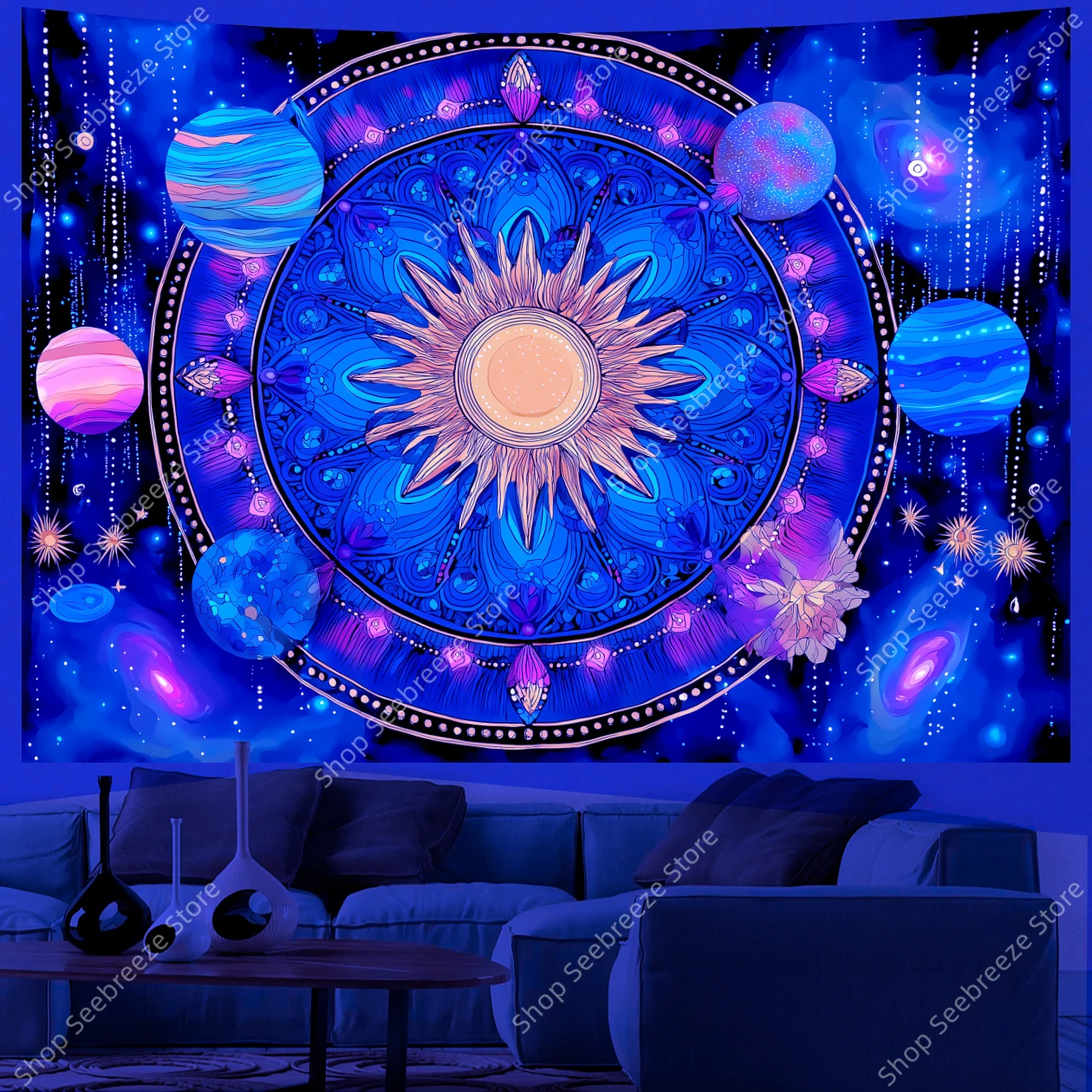 Cosmic Mandala UV Tapestry Vibrant Sun and Planets with Starry Night Sky Bohemian Wall Hanging for Living Room Office Decor