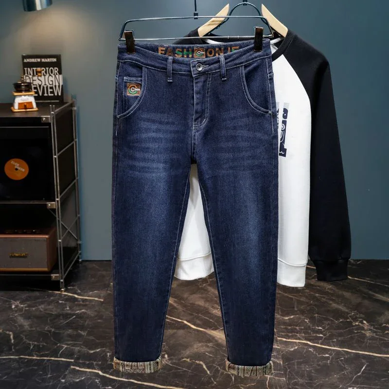 Men Fashion Trend Embroidery Print Jeans Male Classic Stretch Straight Leg Pants Solid Color Versatile Causal Denim Trousers