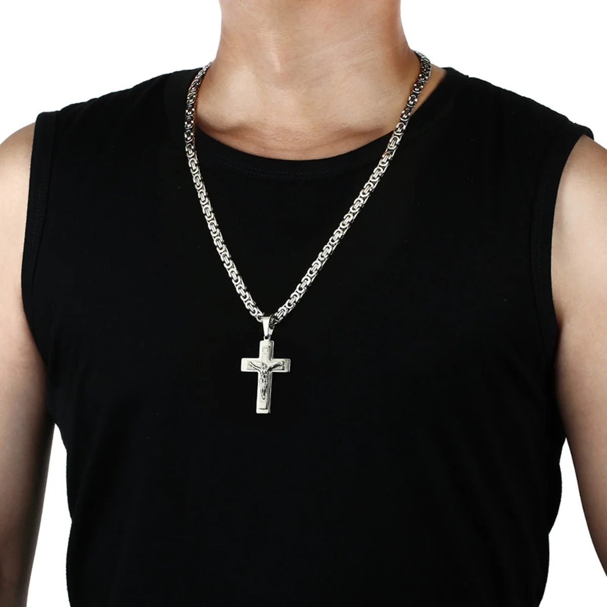 Orthodox Crucifix Jesus Christ Cross Pendant Necklace Stainless Steel Byzantine Chain Necklaces Jewelry for Men