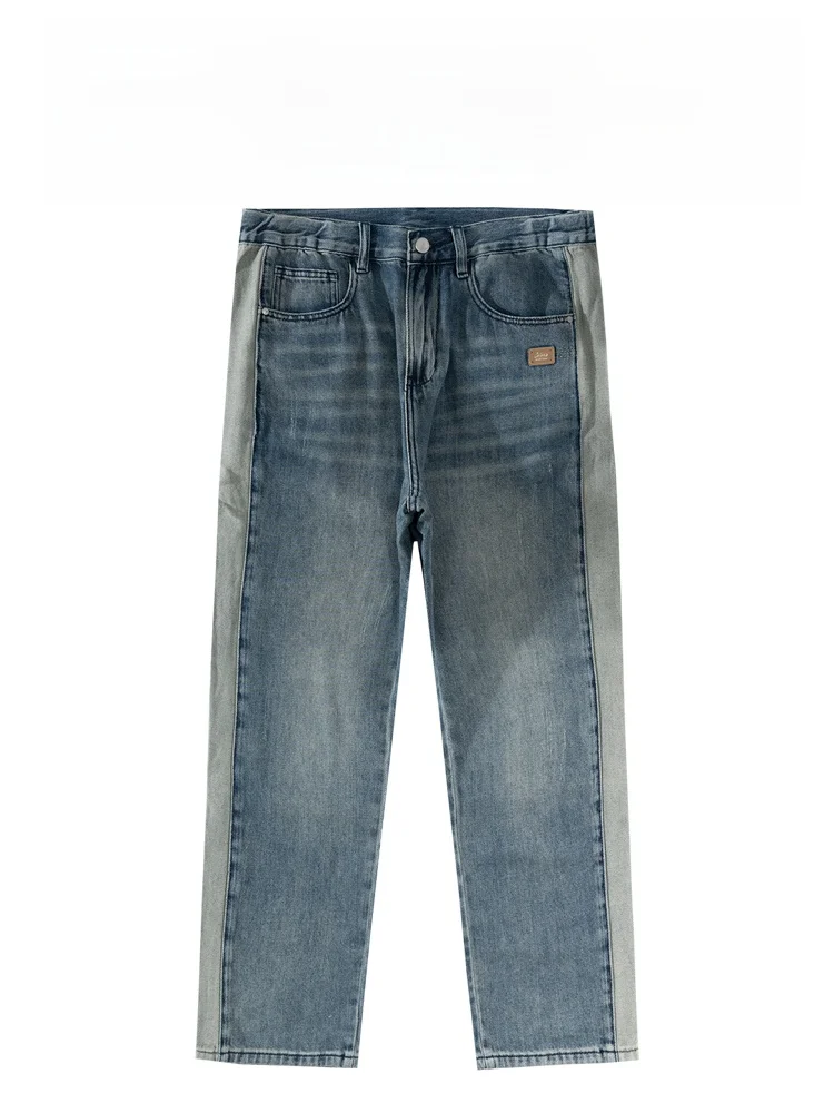 

Джинсы BAIRBAOLIY High Street Vintage с цветными вставками, прямые, из чистого хлопка, повседневные, длинные брюки для мужчин, модный городской стиль