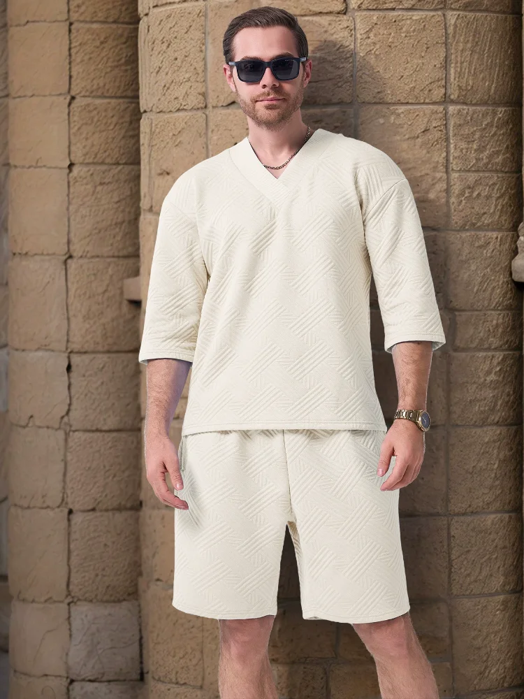 2025 New Style summer men's Set: Fashionable and casual solid color jacquard V-neck half-sleeve drawstring shorts two-piece set