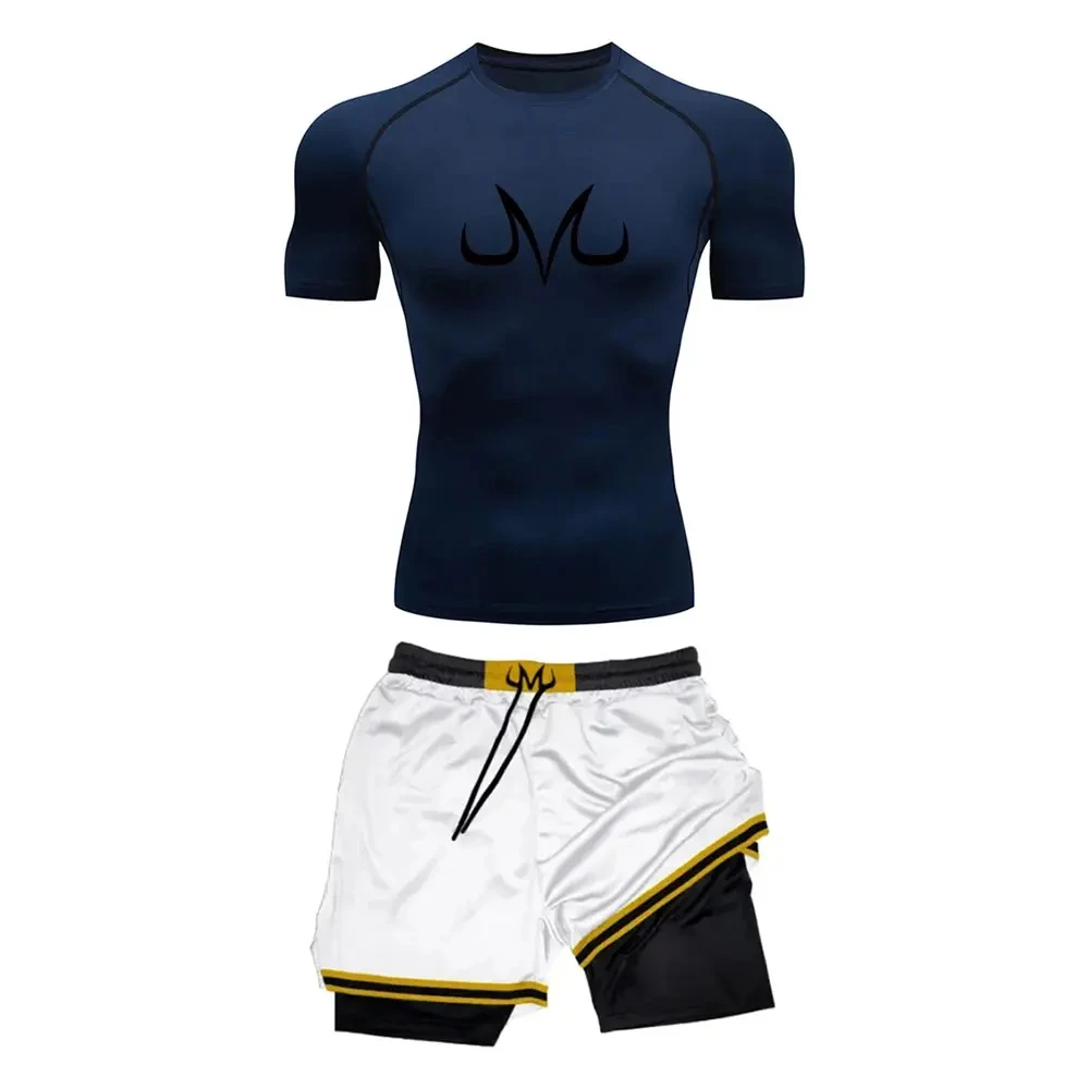 Anime Men Compression Tight Suit Quick-drying Short-Sleeved Double-Layer Shorts GYM Sports Fitness Suit Casual Summer Sportwear