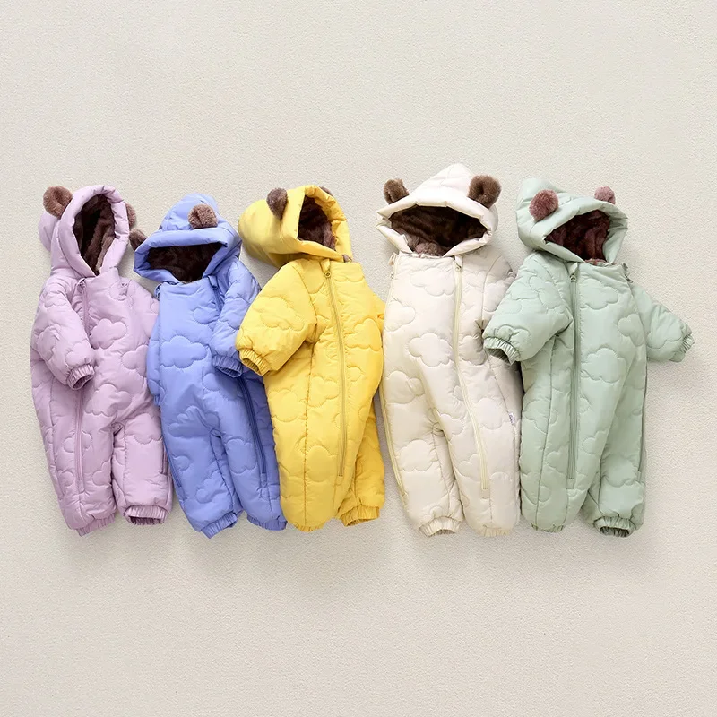 

Toddler Baby Girl Boy Jumpsuit Thickened Fleece Lined Double-Layer Hooded Romper 0-2Y Cute Bear Ears Winter Warm Kids Snowsuit