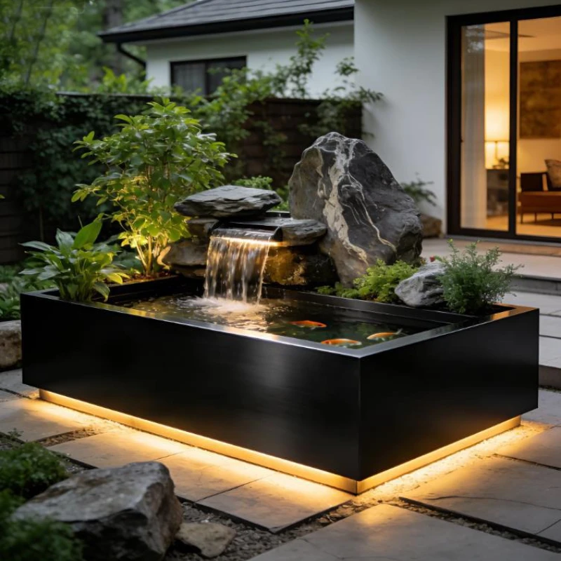 Zen Garden Water Feature Stainless Steel - Multi-Tier Outdoor Fountain with Pump & Light Feng Shui Fish Pool for Backyard Decor