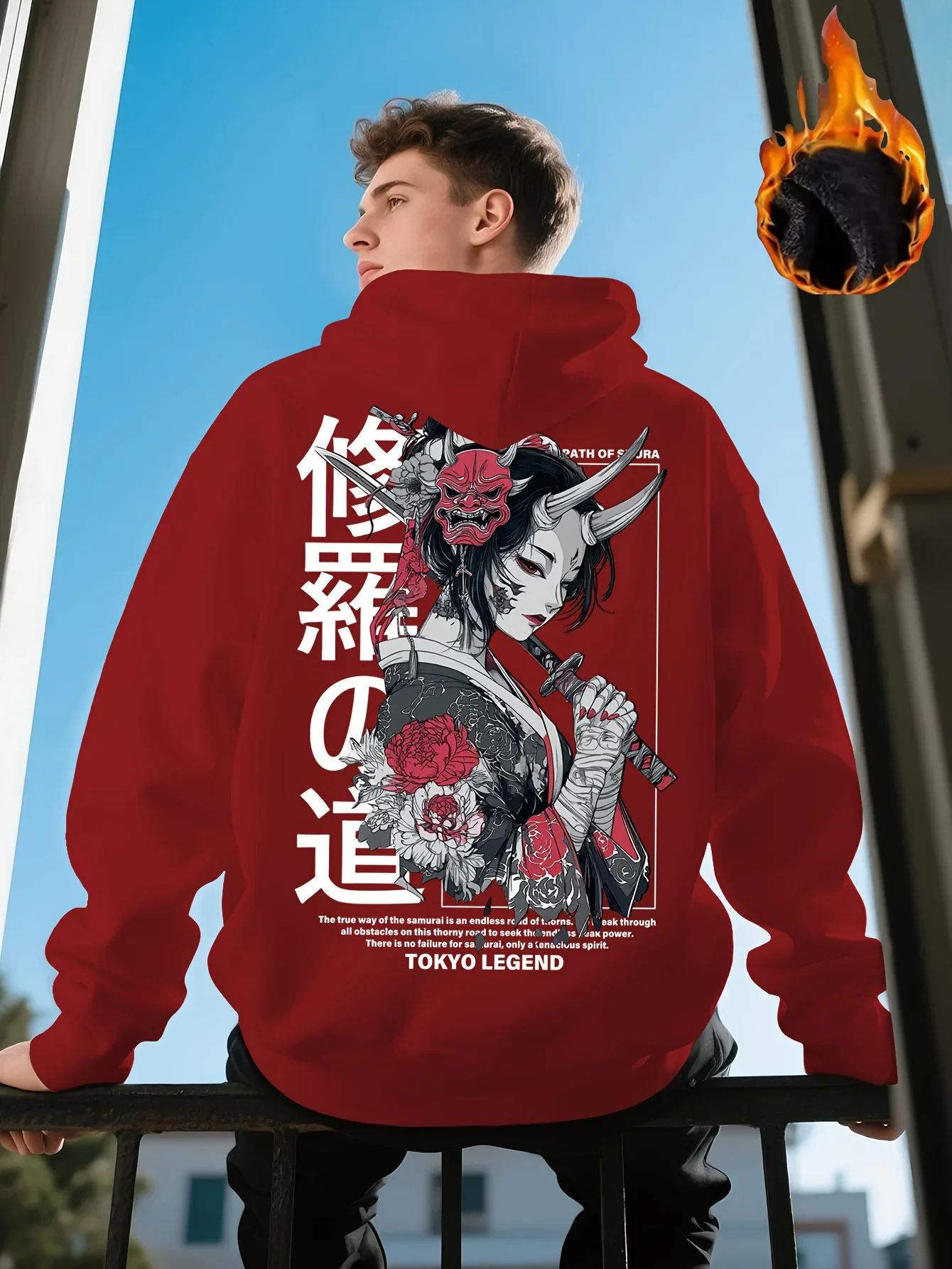 Men's Japanese Hoodie Oni Geisha Samurai Sword Floral Graphic Back Print Oversized Pocket Pullover Sweatshirt Tokyo Streetwear