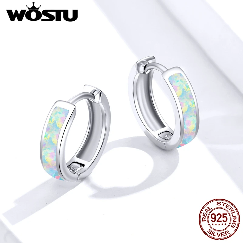 WOSTU 100% 925 Sterling Silver Round Ear Clip Circle Hoop Earrings Opal Earrings For Women Wedding Luxury Jewelry Gift CQE861