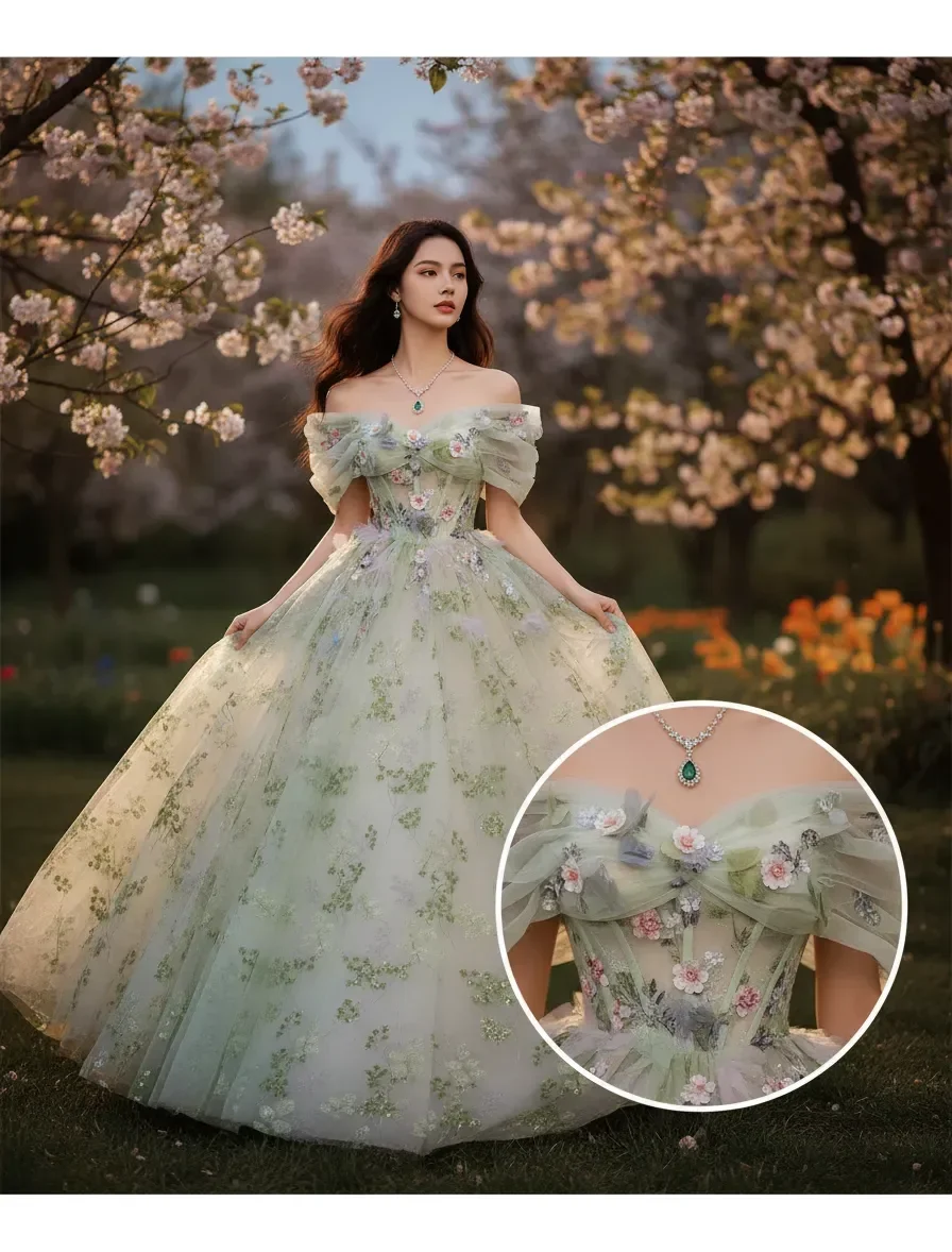 Mint Green Off Shoulder Floral Embroidery Tulle Ball Gown Floor Length for Wedding Prom Graduation Party Birthday Banquet