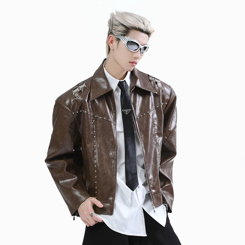 FEWQ Niche Short Metal Bead Design Male Jacket Stylish Lapel Motorcycle Costume Long Sleeve 2024 New Fashion Men's Coats 24E2807