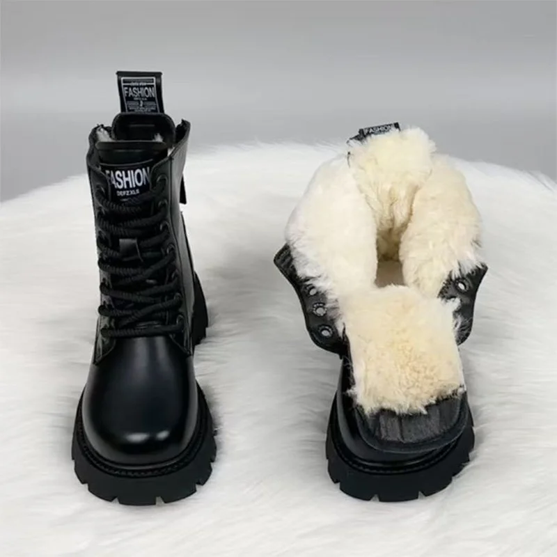 

Ankle Boots for Women's Flats Platform Shoes 2025 Winter Sport Snow Boots New Trend Short Plush Lace Up Leather Fad Mujer Botas