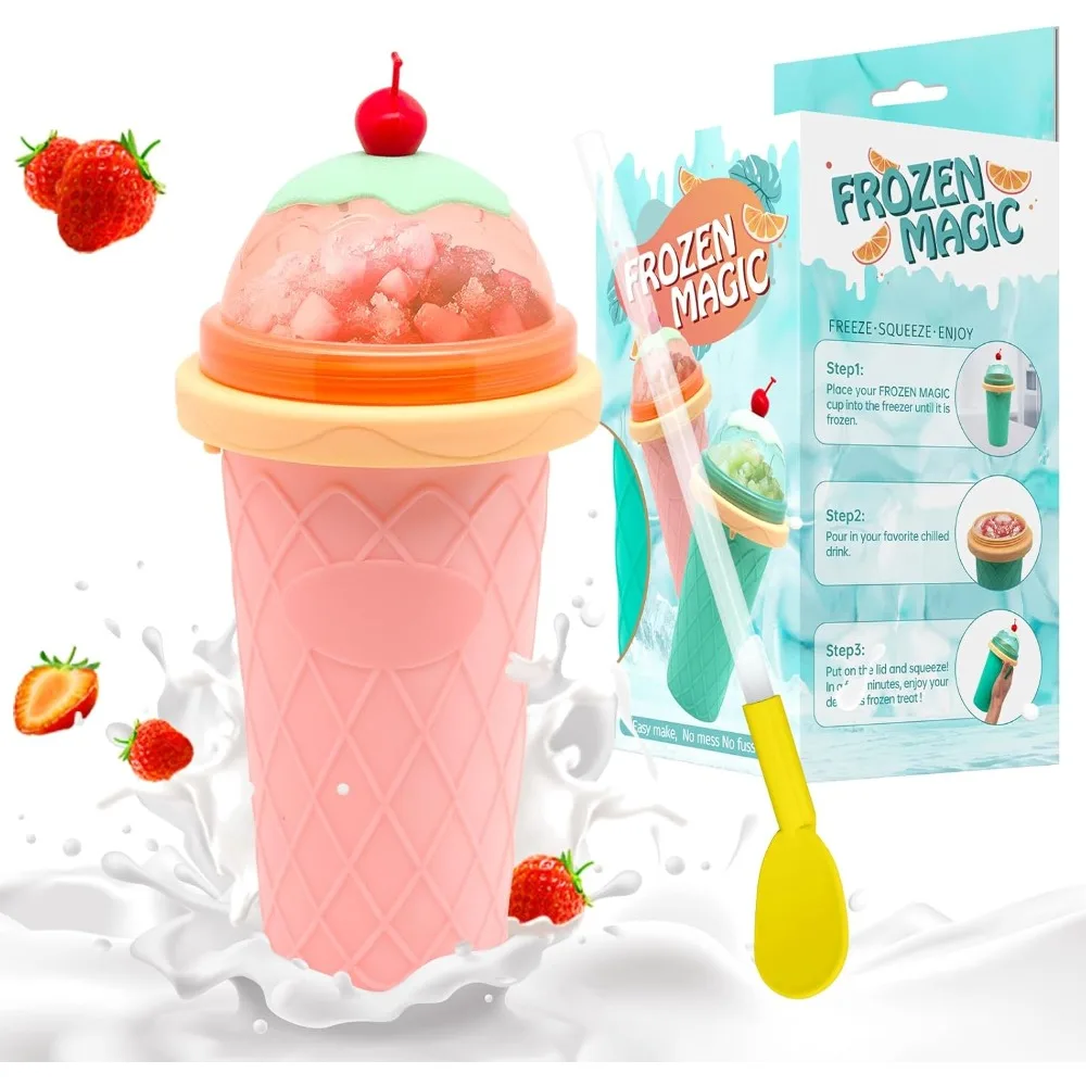 Slushie Cup, Smoothie Cups with Lids & Straws, Slushy Cup for Juices Ice Cream Make, Portable Frozen Magic Maker for Kids Family