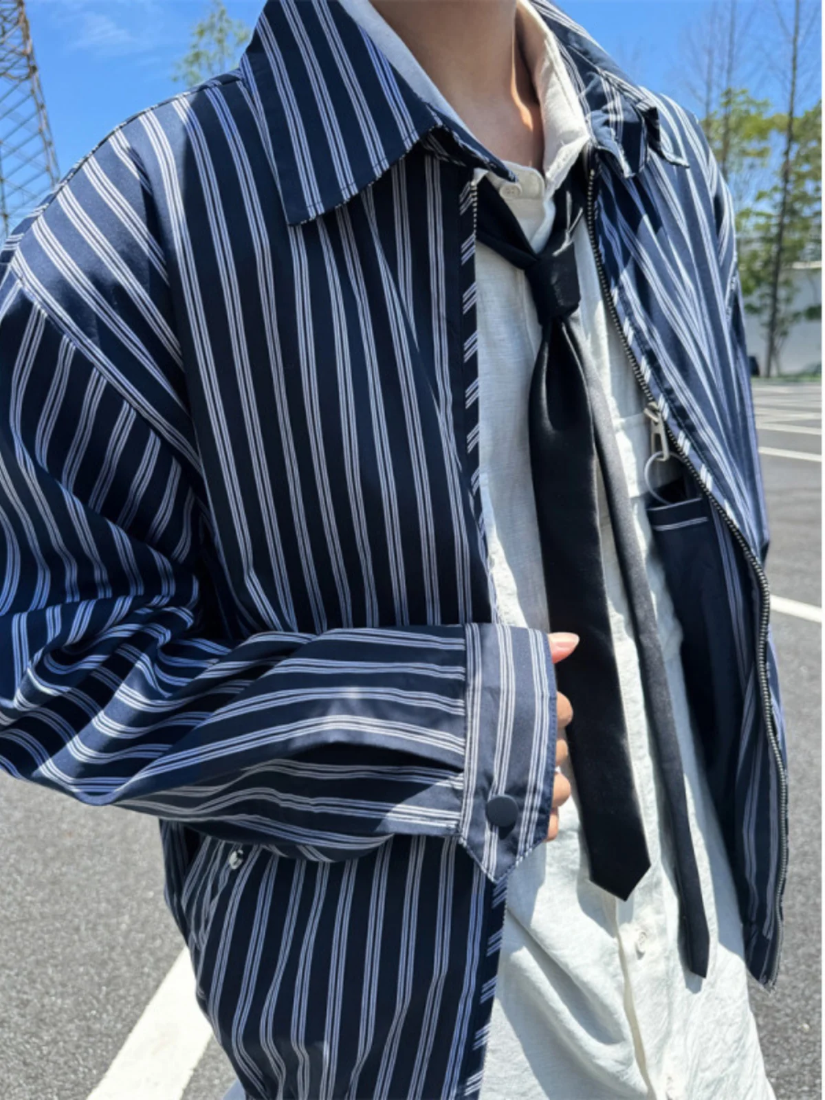 

Blue White Striped Padded oulder ort Jaet Men's Spring Autumn Sle Retro American Pilot Jaet Trendy Youth Polyester