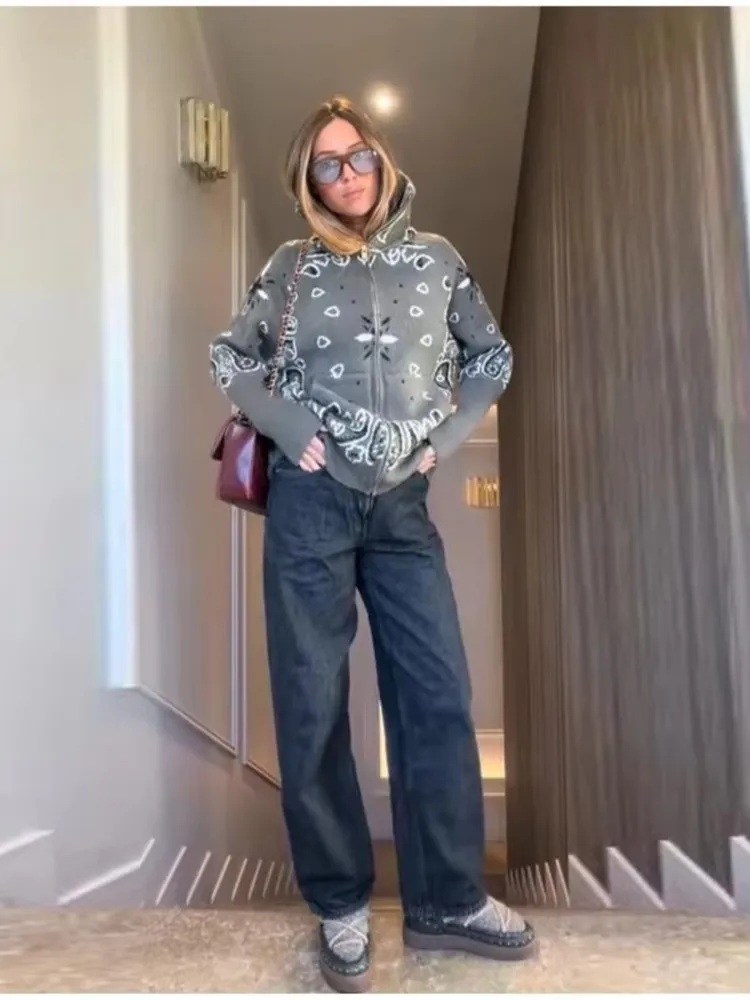 Gestrickter Jacquard-Damen-Cardigan mit Reißverschluss, lockerem Revers und Taschen – Modischer Damenpullover für den Frühling 2026 – Langärmeliger Streetwear-Mantel/Oberteil