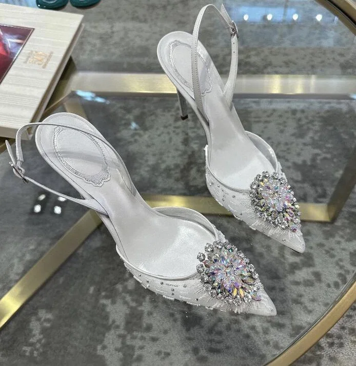 Crystal Baotou Sandals 2025 New Water Diamond Straight Line with Pointed High Heels Sexy Single Shoes White Wedding Shoes