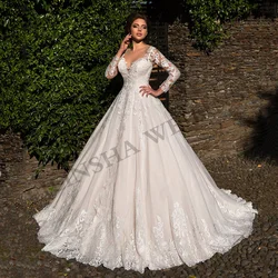 Abito da ballo principessa abito da sposa maniche lunghe trasparente O collo squisito pizzo con cerniera posteriore bottoni sposa sposa taglia personalizzata