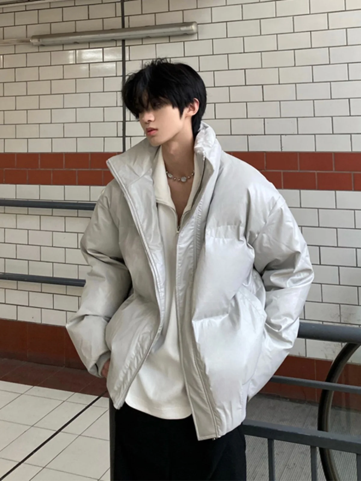 

American Style Short PU Leather down Cotton Jacket Men's Winter Thickened Stand Collar Bread Style Cold Resistant Warmth Cott...