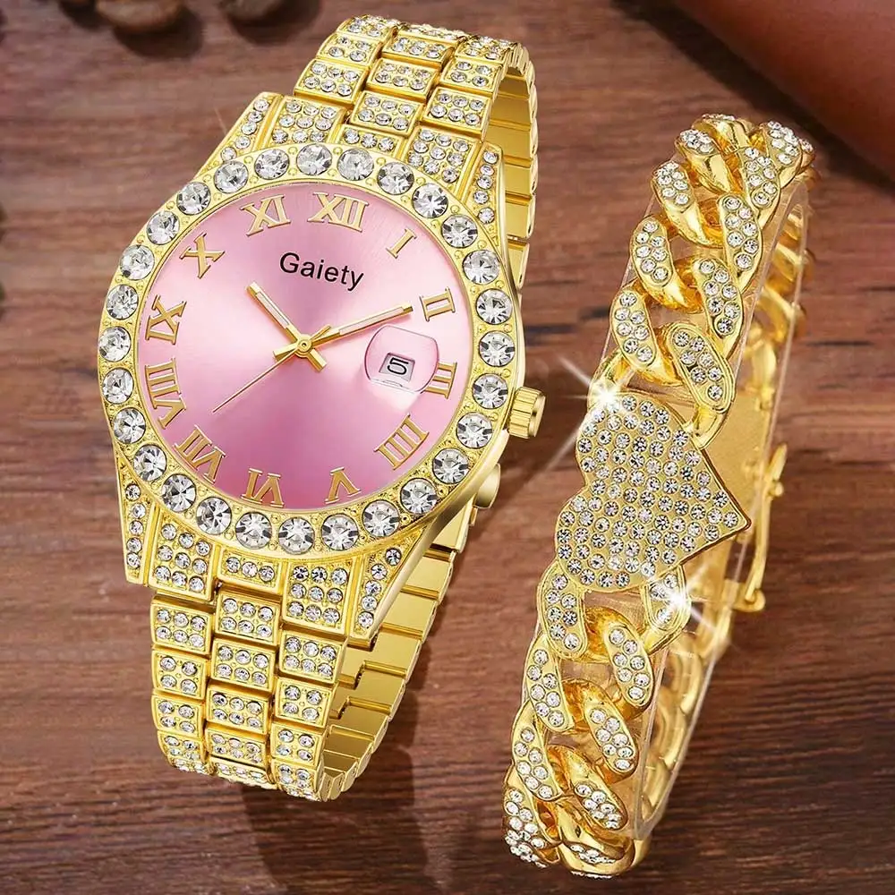 

Роскошный женский комплект часов из 2 предметов, модные и элегантные бриллиантовые элементы с календарем, кварцевые часы, набор браслетов, идеальный подарок