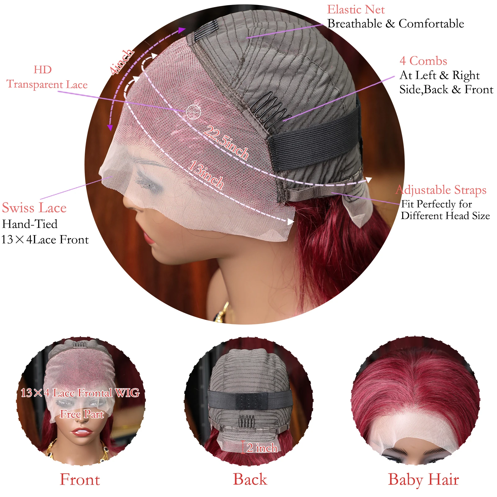 99Jバーガンディ人毛ウィッグボブ13x4ストレートレースフロント100%人毛ペルーショートボブウィッグ女性用ワインレッドフロントウィッグ